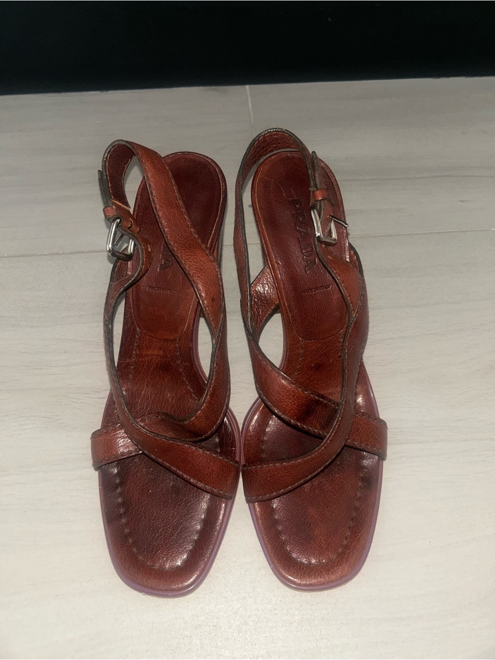 PRADA VINTAGE Leather Slingback Block Heel Sandal Brown/Purple Size 39 - Picture 4 of 11
